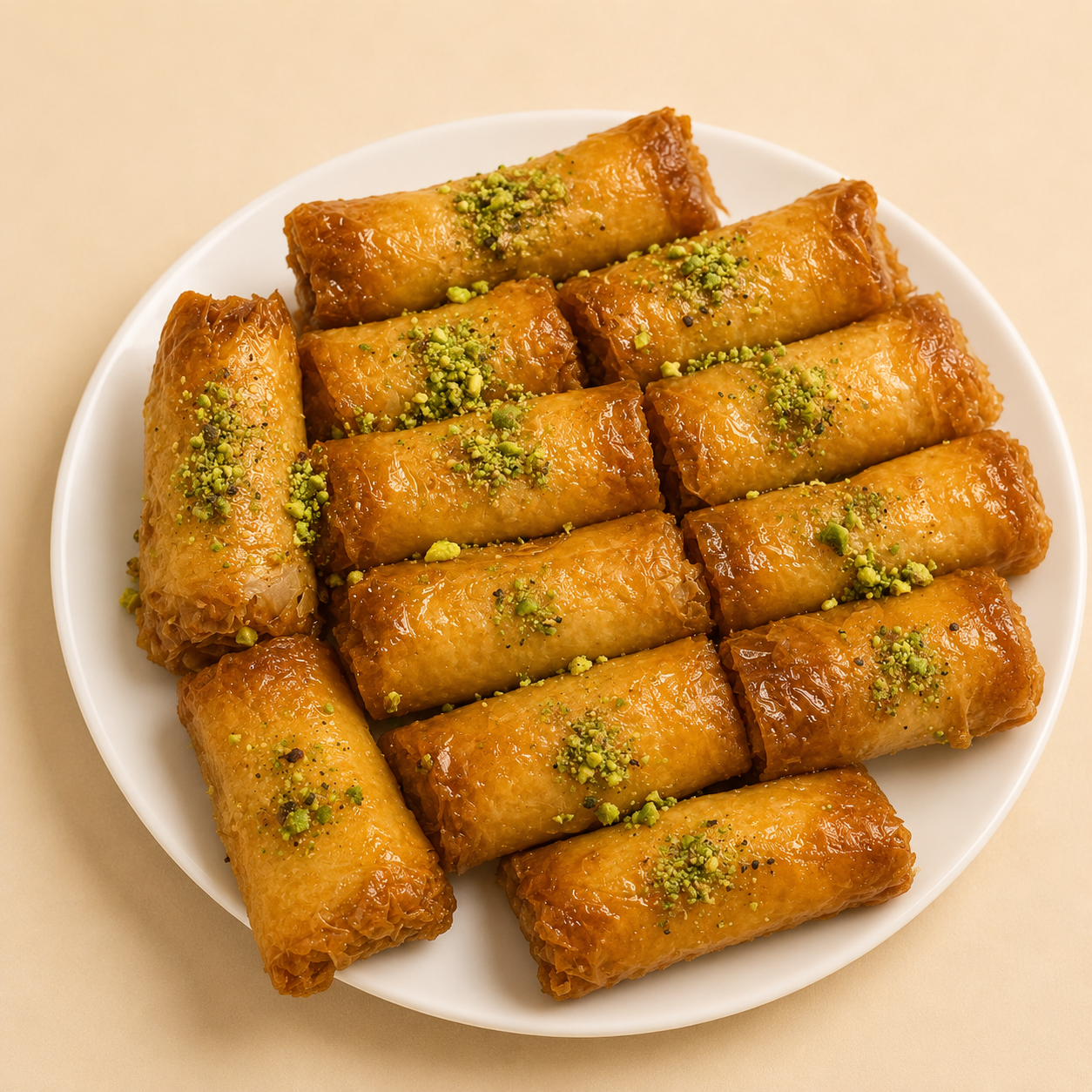 Crispy phyllo rolls filled with ashta cream and topped with crushed pistachios